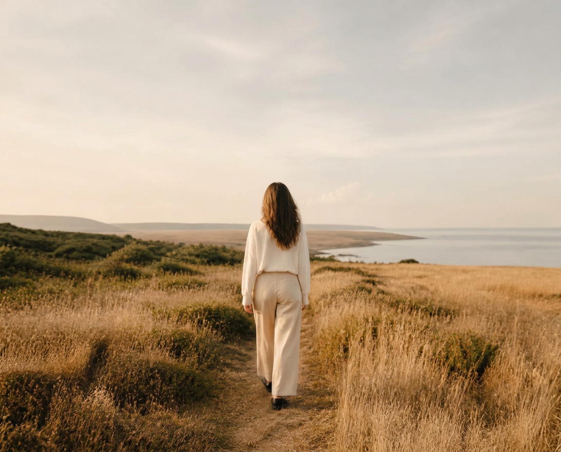 A woman walking a path through a golden coastal field toward a sunlit horizon